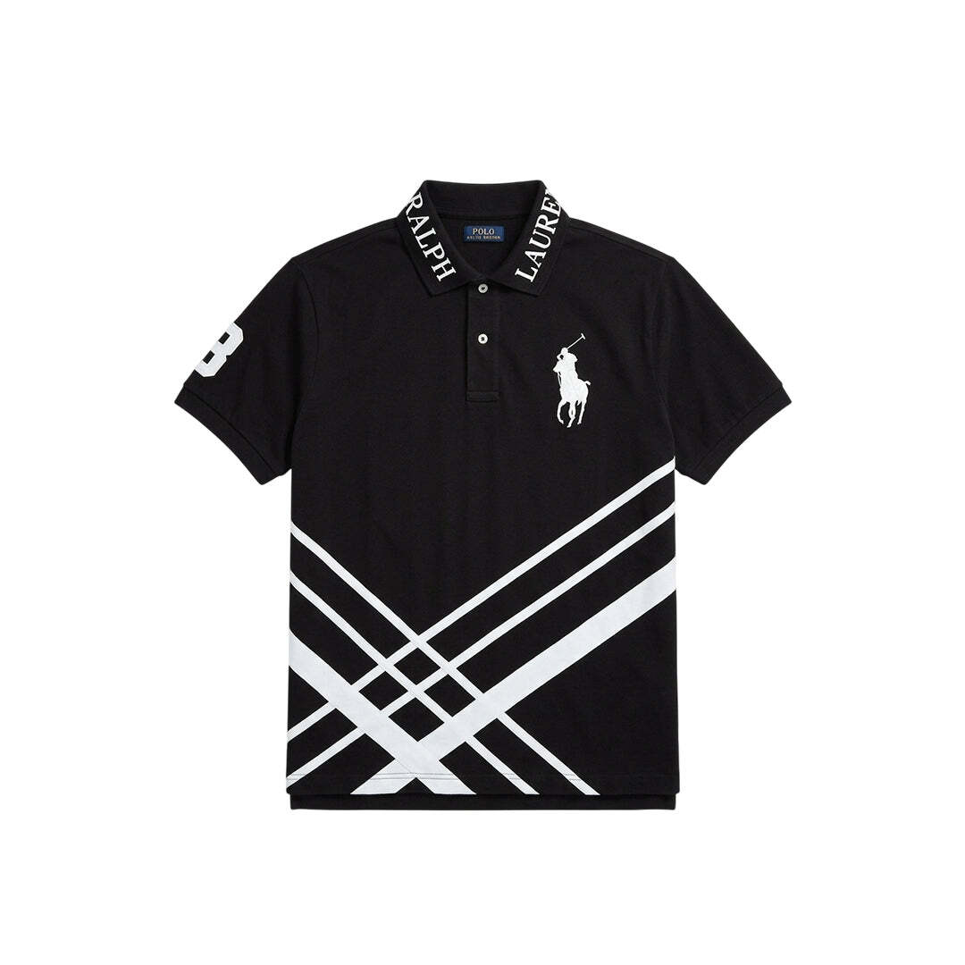 Polo Ralph Lauren Big Pony Black Cotton Polo Shirt with White Logo and Stripe XL