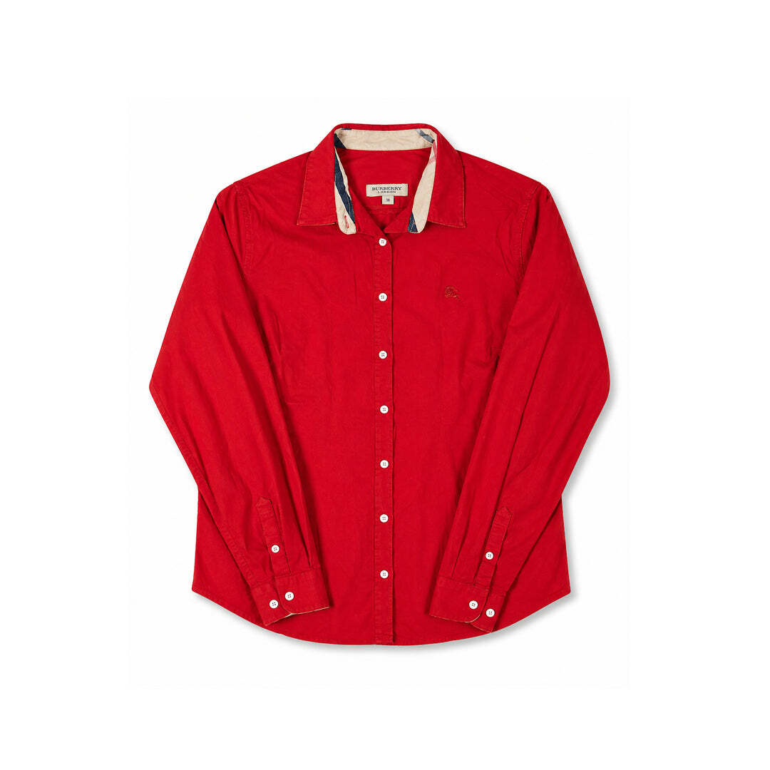 Authentic Burberry London Red Cotton Shirt Nova Check Trim Women's XL UK 14 16