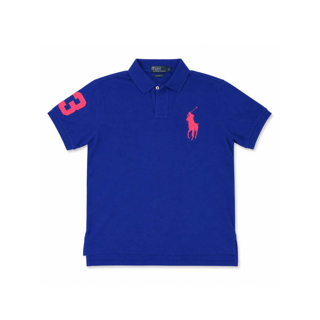 Unisex Polo Ralph Lauren Big Pony Custom Fit Blue Polo Shirt with Pink Logo