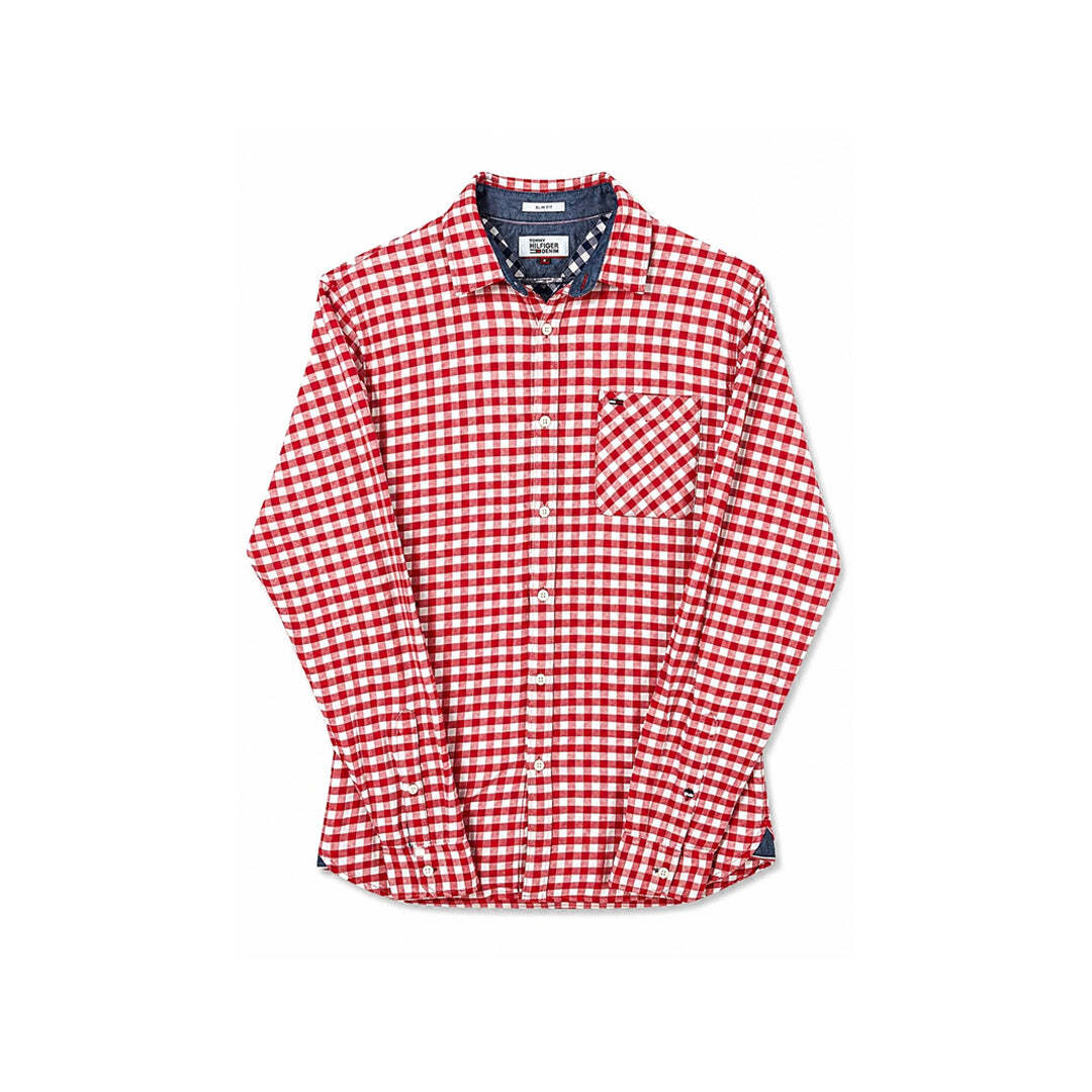 Tommy Hilfiger Denim Slim Fit Red White Gingham Check Shirt Men's Small