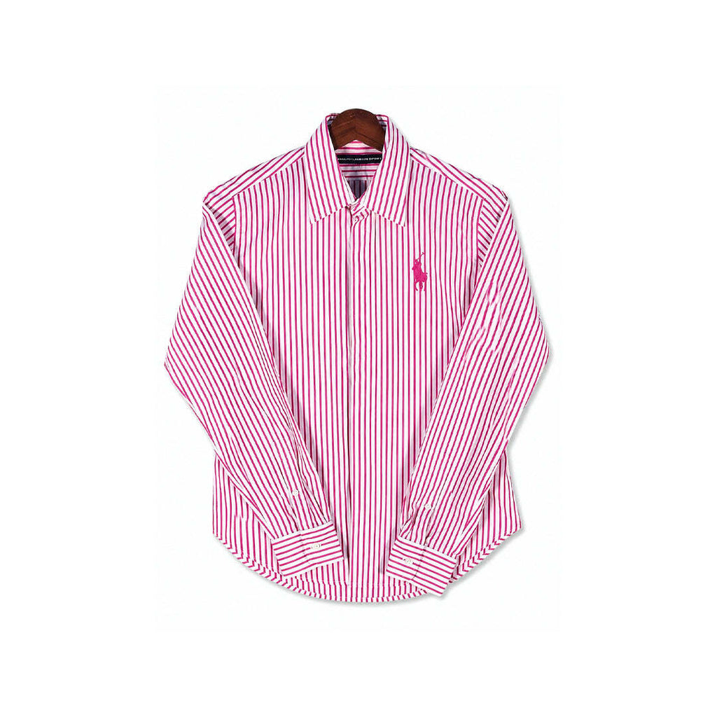 Ralph Lauren Sport Pink White Striped Button Shirt Women's Pony Logo