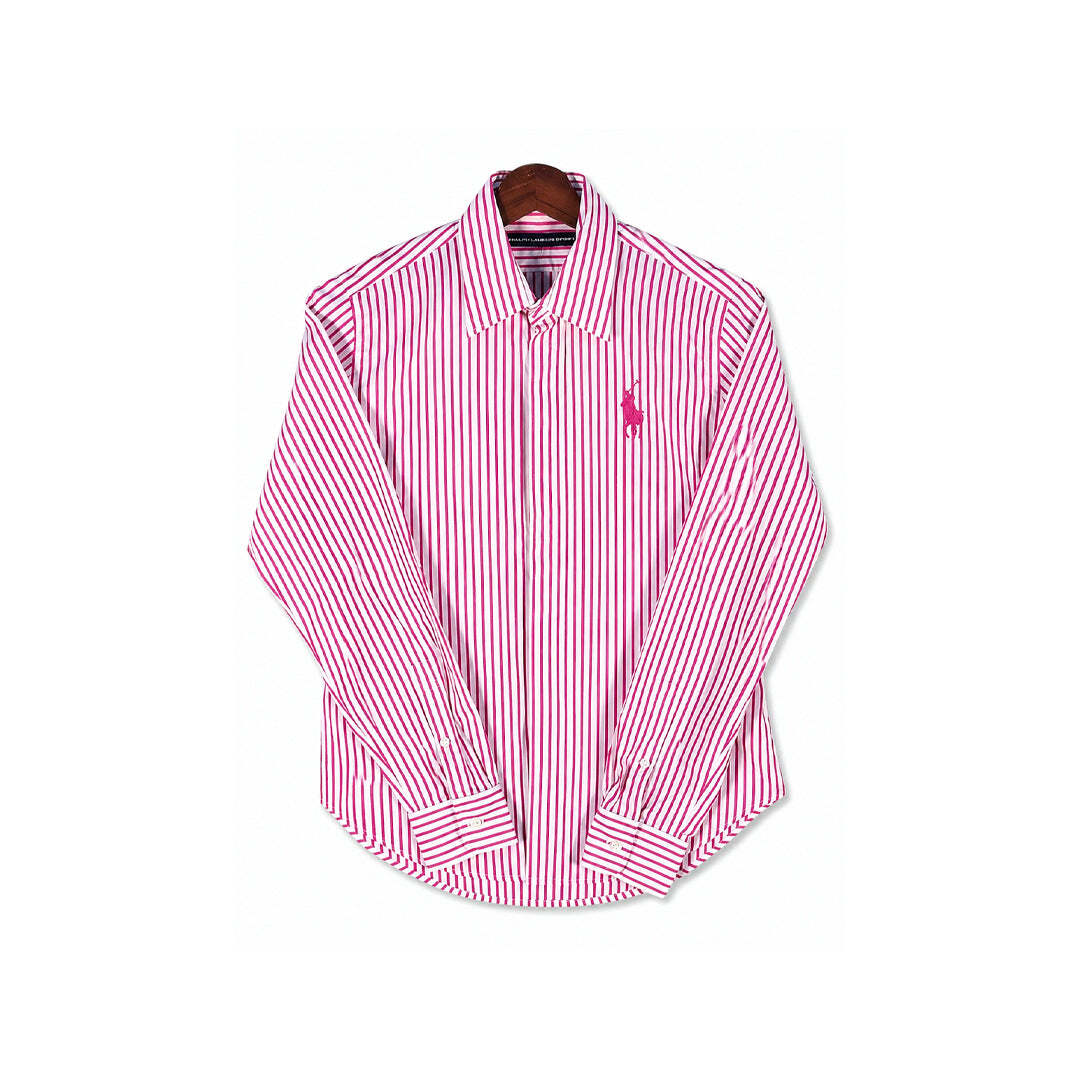 Ralph Lauren Sport Pink White Striped Button Shirt Women's Pony Logo