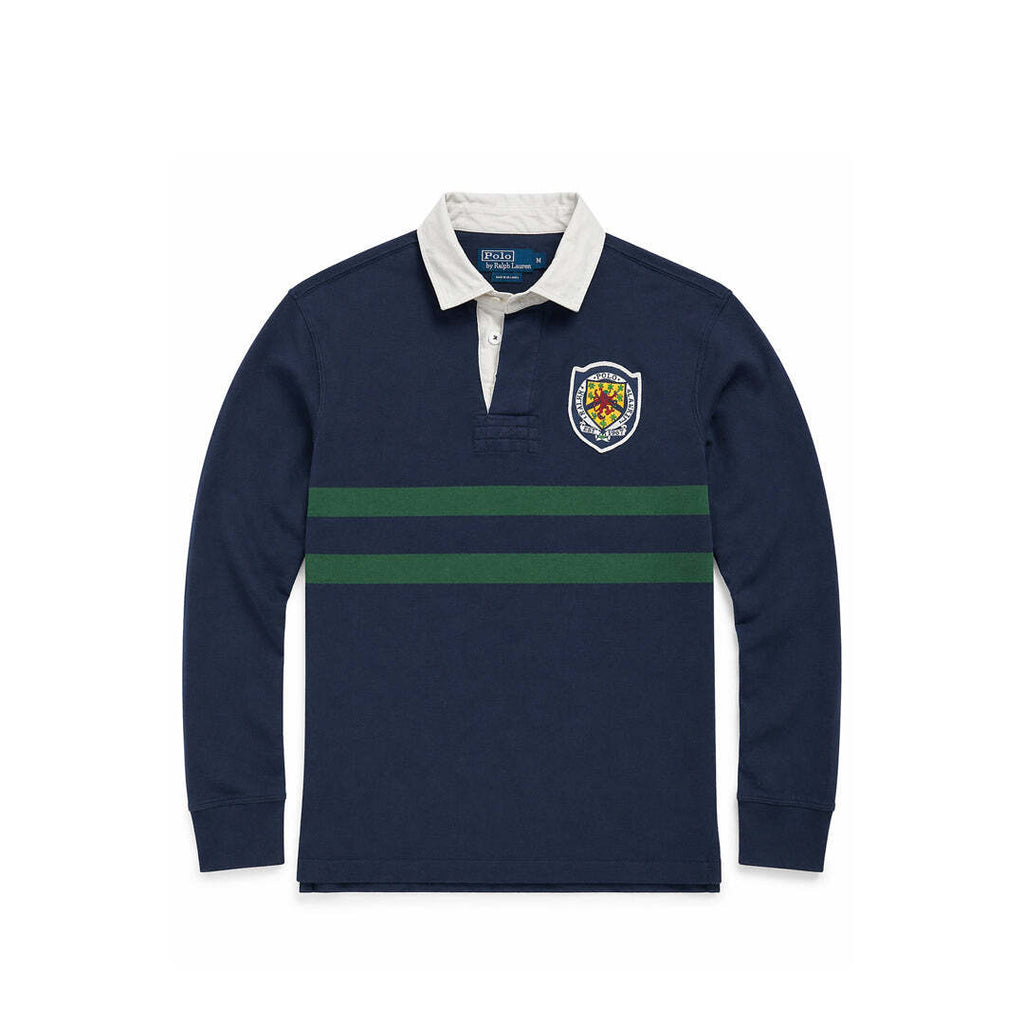 Polo by Ralph Lauren Custom Fit Navy Rugby Shirt with Green Stripes and Crest, M