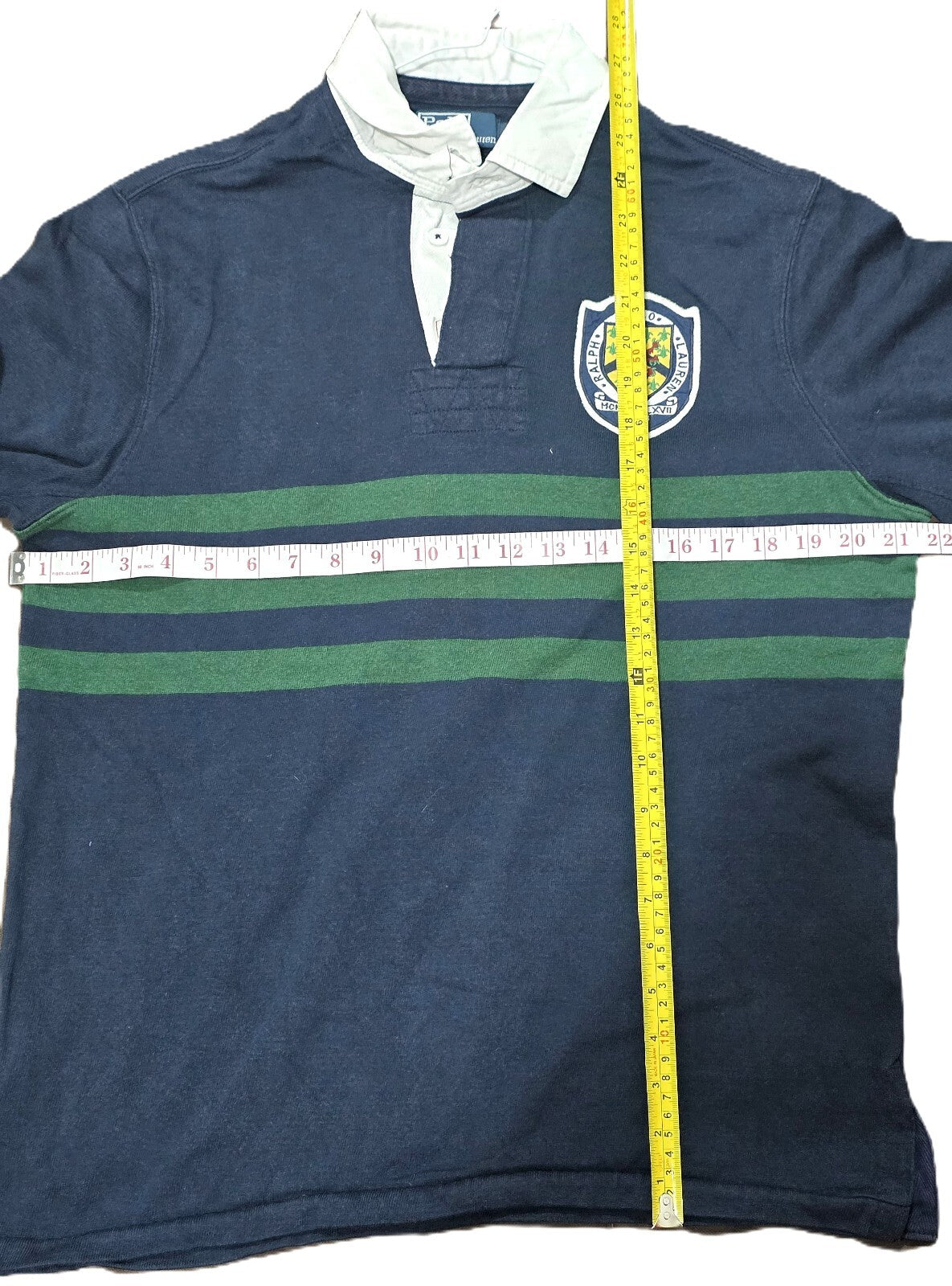 Polo by Ralph Lauren Custom Fit Navy Rugby Shirt with Green Stripes and Crest, M
