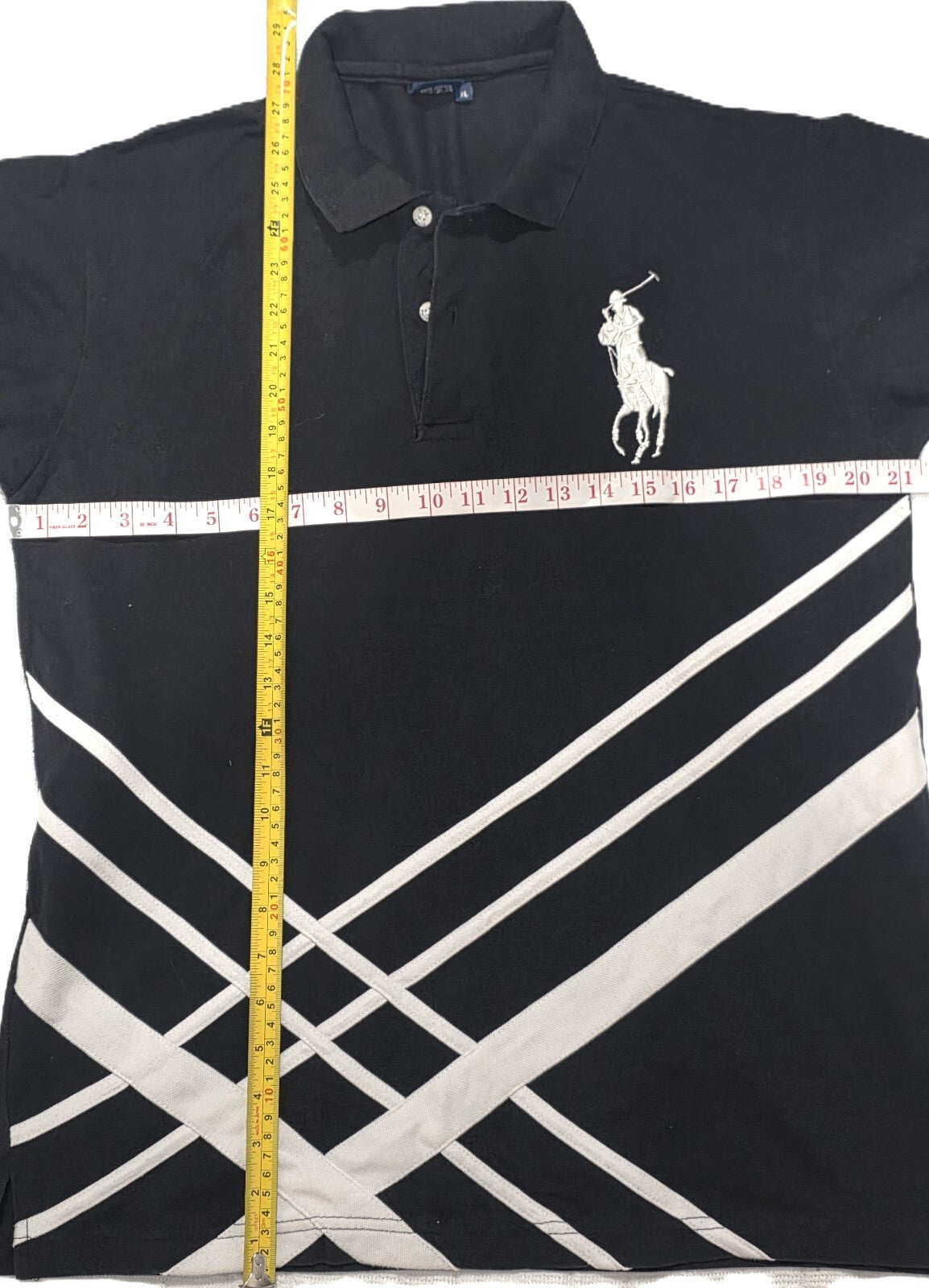 Polo Ralph Lauren Big Pony Black Cotton Polo Shirt with White Logo and Stripe XL