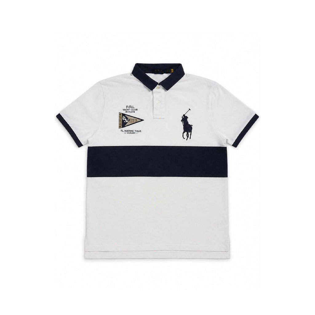 Polo Ralph Lauren Custom Slim Fit Big Pony Yacht Club Polo Shirt White Navy Men's L