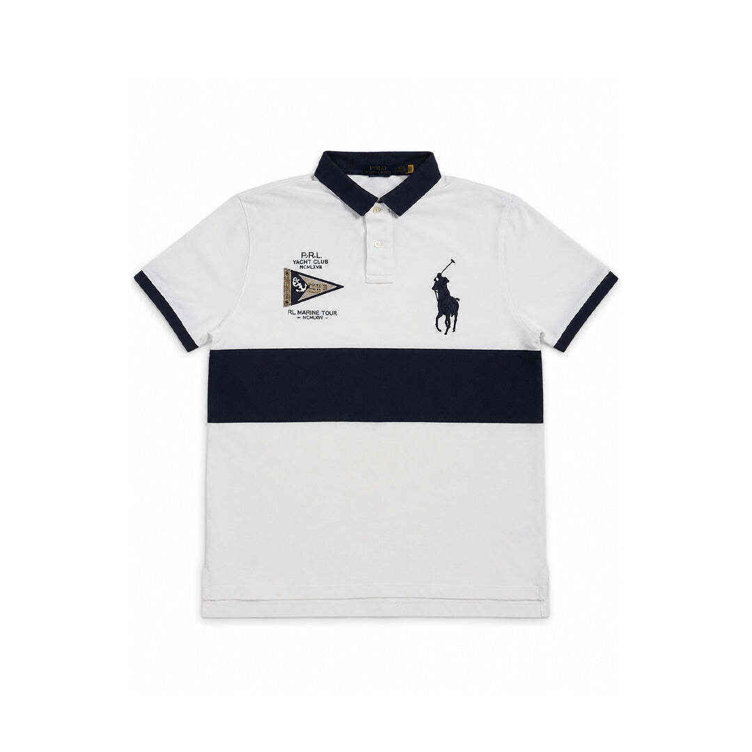 Polo Ralph Lauren Custom Slim Fit Big Pony Yacht Club Polo Shirt White Navy Men's L