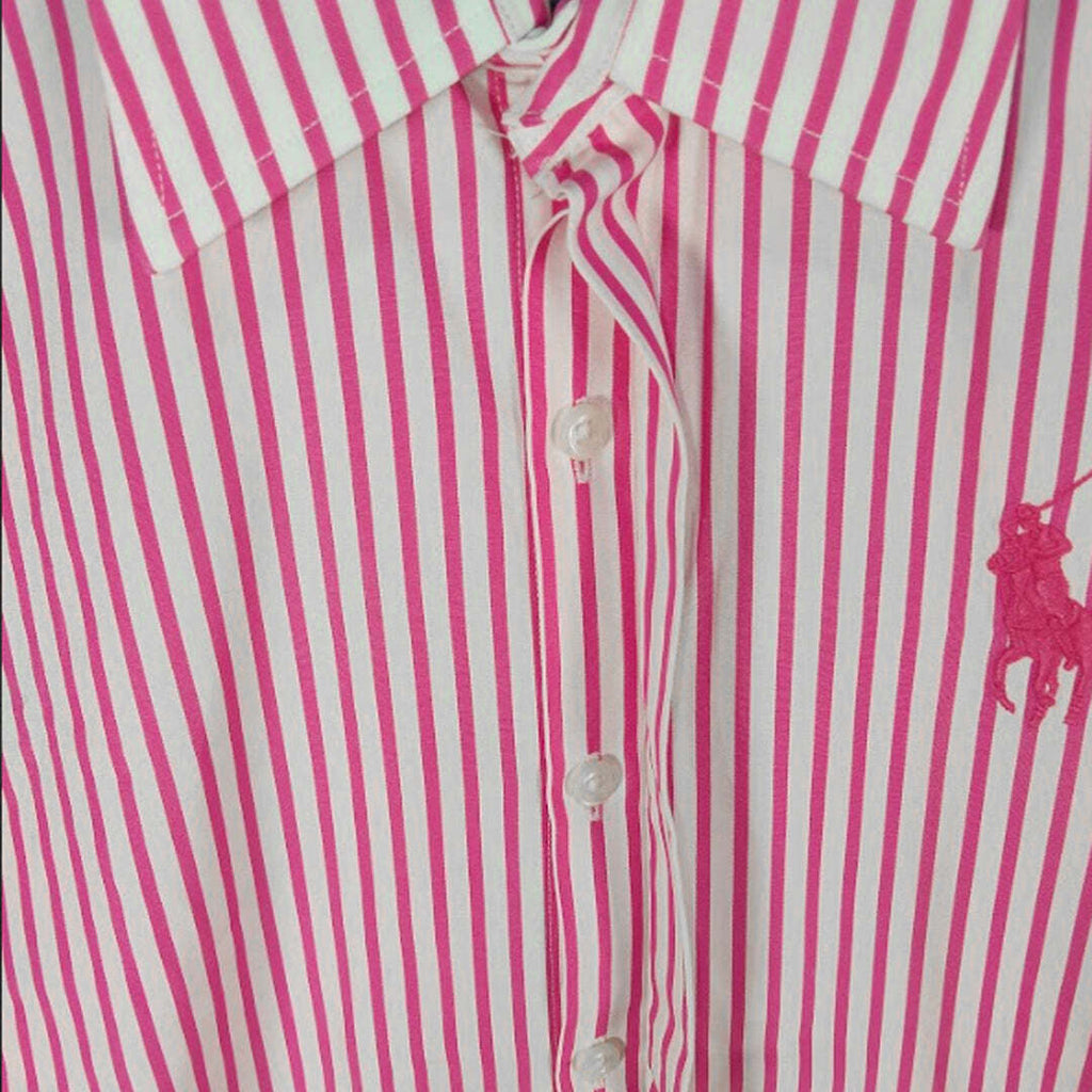 Ralph Lauren Sport Pink White Striped Button Shirt Women's Pony Logo